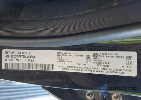 2021 Ram 1500 Big Horn 4X4 5'7 Box из США, поврежденный, VIN 1C6SRFFT3MN643641